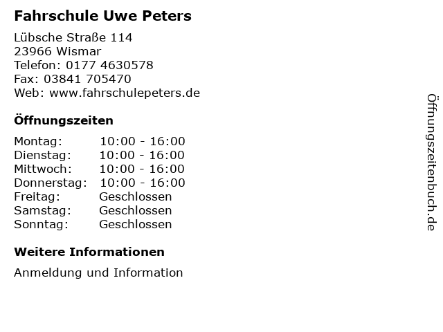 Fahrschule Uwe Peters in Wismar: Adresse und Öffnungszeiten
