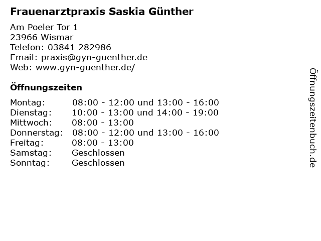 Frauenarztpraxis Saskia Günther in Wismar: Adresse und Öffnungszeiten