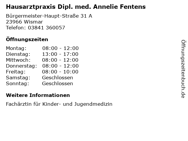 Hausarztpraxis Dipl. med. Annelie Fentens in Wismar: Adresse und Öffnungszeiten