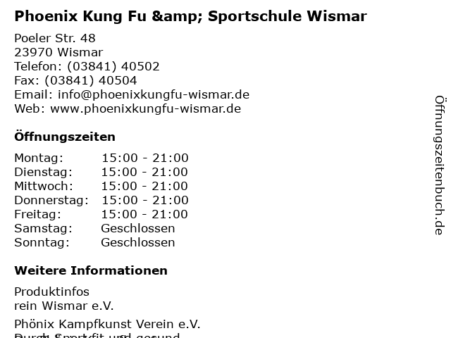 Kung Fu Schule Inh. Ingo Pontow in Wismar: Adresse und Öffnungszeiten