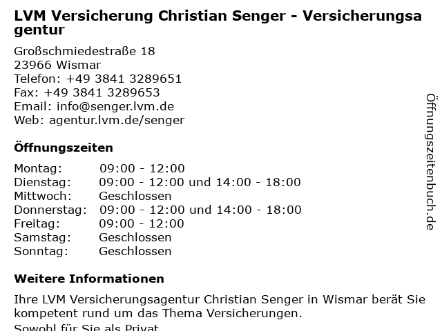 LVM Versicherung Christian Senger - Versicherungsagentur in Wismar: Adresse und Öffnungszeiten