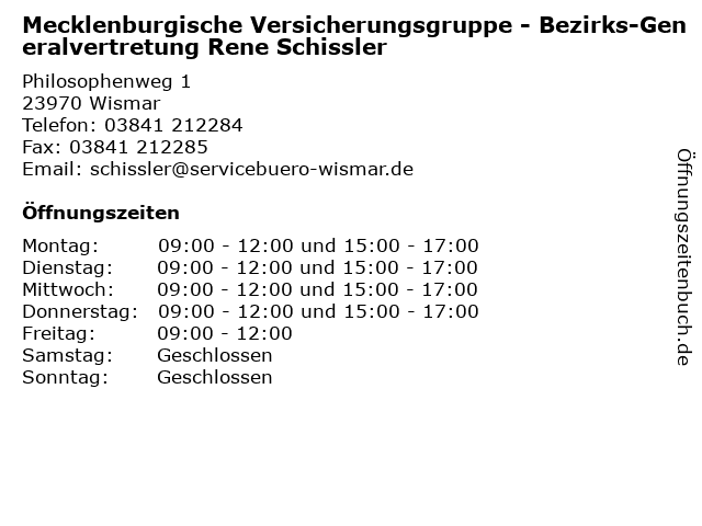 Mecklenburgische Versicherungsgruppe - Bezirks-Generalvertretung Rene Schissler in Wismar: Adresse und Öffnungszeiten