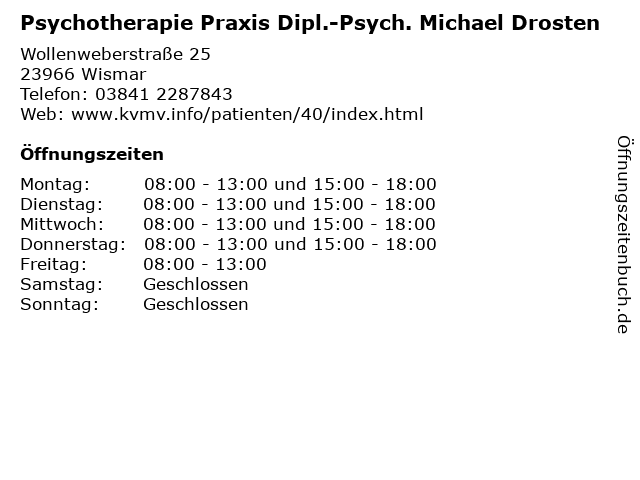 Psychotherapie Praxis Dipl.-Psych. Michael Drosten in Wismar: Adresse und Öffnungszeiten