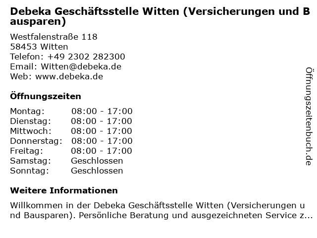 Debeka Geschäftsstelle Witten (Versicherungen und Bausparen) in Witten: Adresse und Öffnungszeiten