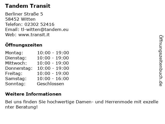 Tandem Transit in Witten: Adresse und Öffnungszeiten