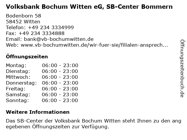 Volksbank Bochum Witten eG, SB-Center Bommern in Witten: Adresse und Öffnungszeiten