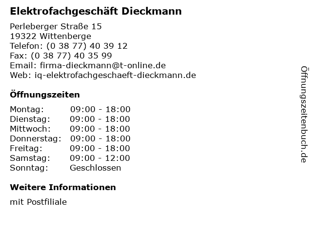 Elektrofachgeschäft Dieckmann in Wittenberge: Adresse und Öffnungszeiten