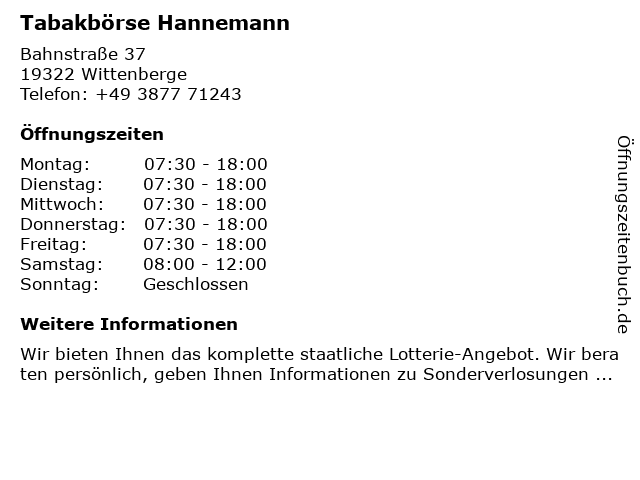 Tabakbörse Hannemann in Wittenberge: Adresse und Öffnungszeiten