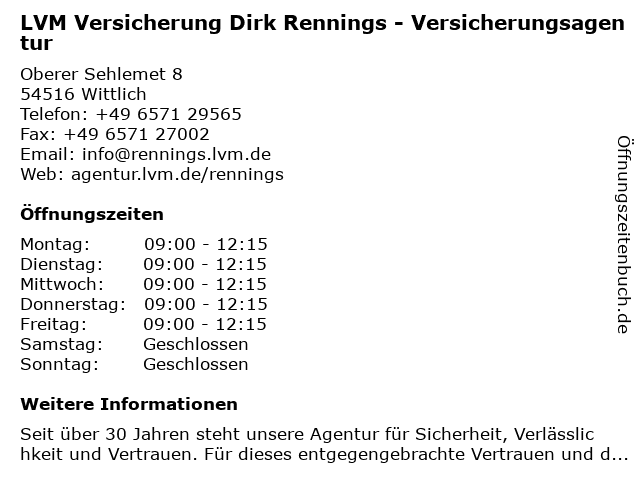 LVM Versicherung Dirk Rennings - Versicherungsagentur in Wittlich: Adresse und Öffnungszeiten
