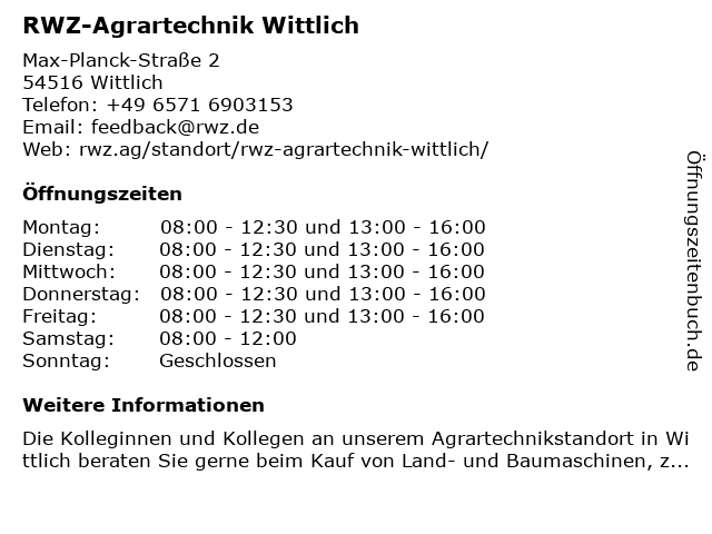 RWZ-Agrartechnik Wittlich in Wittlich: Adresse und Öffnungszeiten