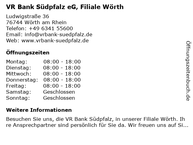 ᐅ Offnungszeiten Vr Bank Sudpfalz Eg Filiale Worth