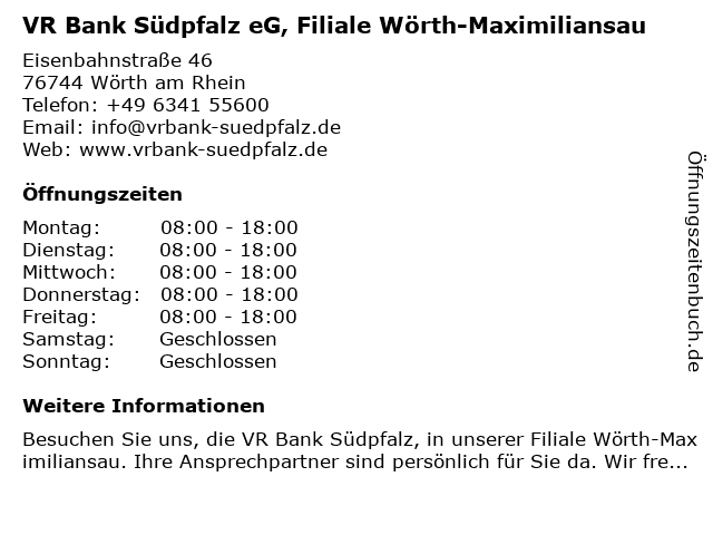 ᐅ Offnungszeiten Vr Bank Sudpfalz Eg Filiale Worth Maximiliansau