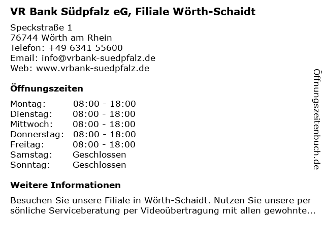 ᐅ Offnungszeiten Vr Bank Sudpfalz Eg Vr Sisy Filiale Worth