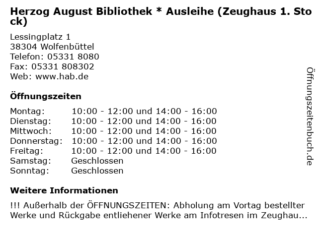 Herzog August Bibliothek * Ausleihe (Zeughaus 1. Stock) in Wolfenbüttel: Adresse und Öffnungszeiten