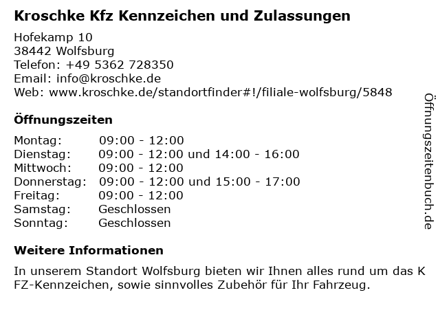 Kfz Zulassungen und Kennzeichen Kroschke in Wolfsburg: Adresse und Öffnungszeiten
