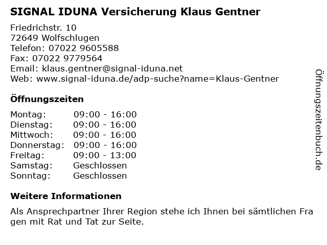 SIGNAL IDUNA Versicherung Klaus Gentner in Wolfschlugen: Adresse und Öffnungszeiten