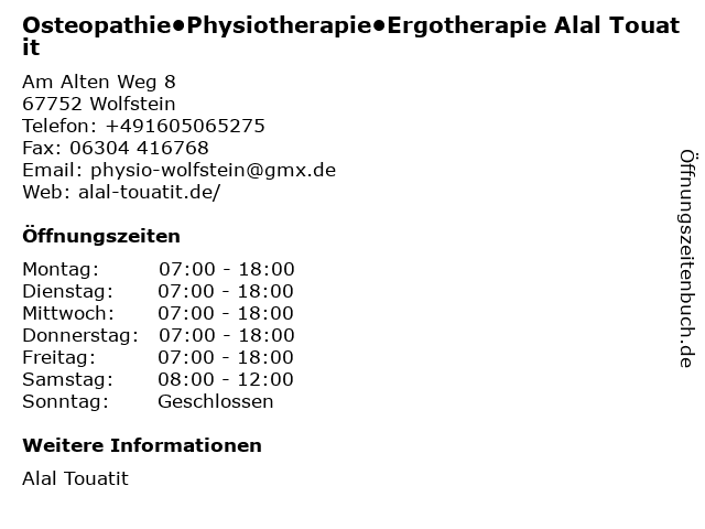 ᐅ Offnungszeiten Osteopathie Physiotherapie Ergotherapie Alal Touatit Am Alten Weg 8 In Wolfstein
