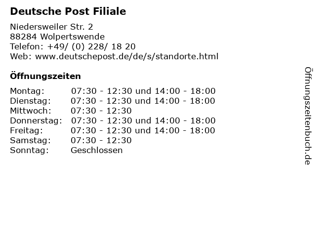 Deutsche Post Filiale in Wolpertswende: Adresse und Öffnungszeiten