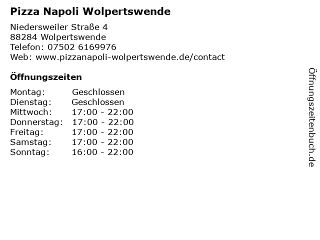 Pizza Napoli Wolpertswende in Wolpertswende: Adresse und Öffnungszeiten