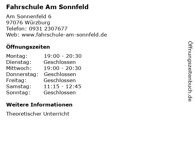 Fahrschule Am Sonnfeld in Würzburg: Adresse und Öffnungszeiten