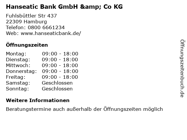 ᐅ Offnungszeiten Hanseatic Bank Gmbh Co Kg Niederlassung