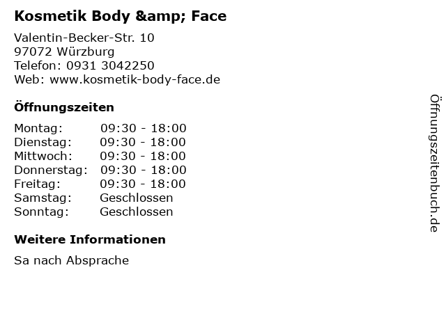 Kosmetik Body & Face in Würzburg: Adresse und Öffnungszeiten