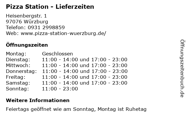 Pizza Station - Lieferzeiten in Würzburg: Adresse und Öffnungszeiten