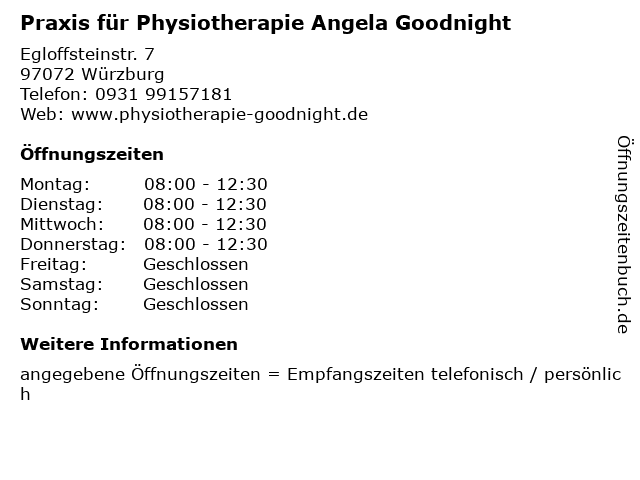 Praxis für Physiotherapie Angela Goodnight in Würzburg: Adresse und Öffnungszeiten