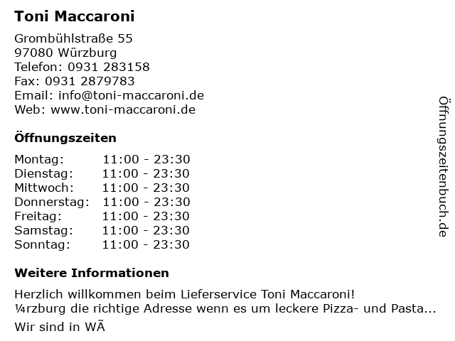 Toni Maccaroni in Würzburg: Adresse und Öffnungszeiten