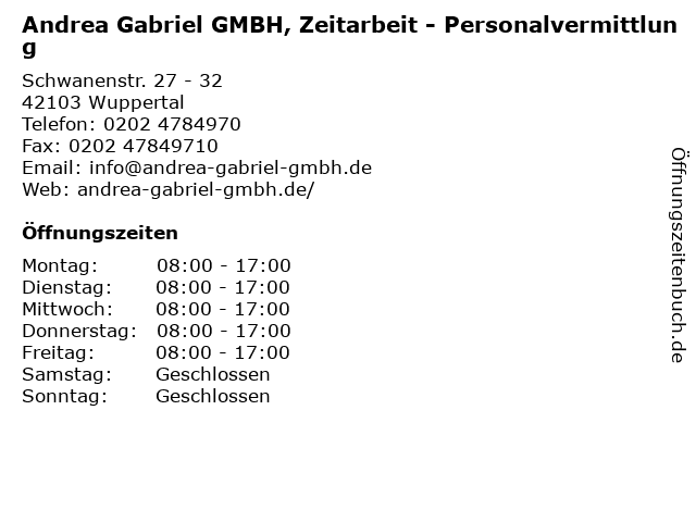 Andrea Gabriel GMBH, Zeitarbeit - Personalvermittlung in Wuppertal: Adresse und Öffnungszeiten