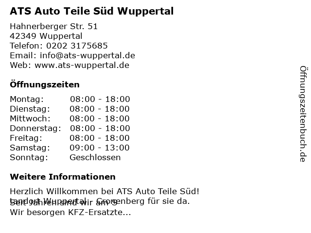 Ats Auto Teile Süd Autozubehör in Wuppertal: Adresse und Öffnungszeiten