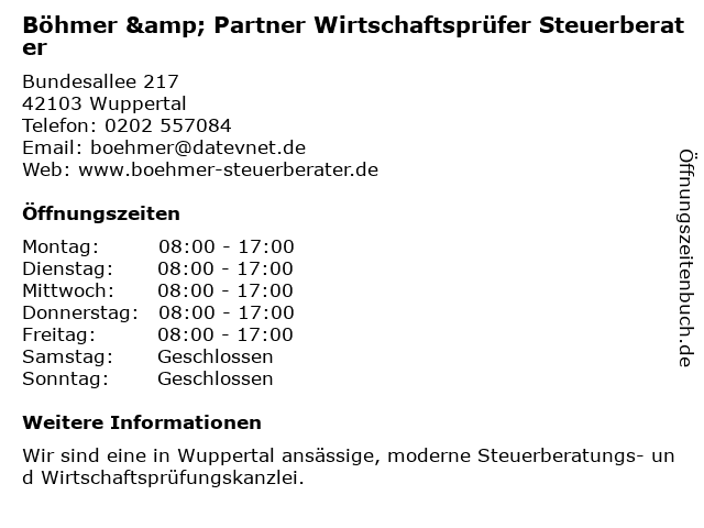 BÖHMER & PARTNER Wirtschaftsprüfer - Steuerberater in Wuppertal: Adresse und Öffnungszeiten