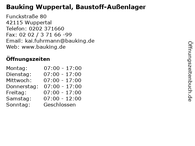 Bauking Wuppertal, Baustoff-Außenlager in Wuppertal: Adresse und Öffnungszeiten