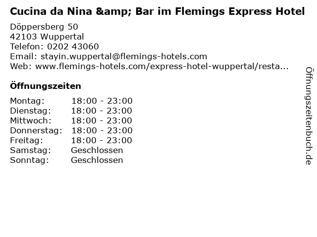 Cucina da Nina & Bar im Flemings Express Hotel in Wuppertal: Adresse und Öffnungszeiten