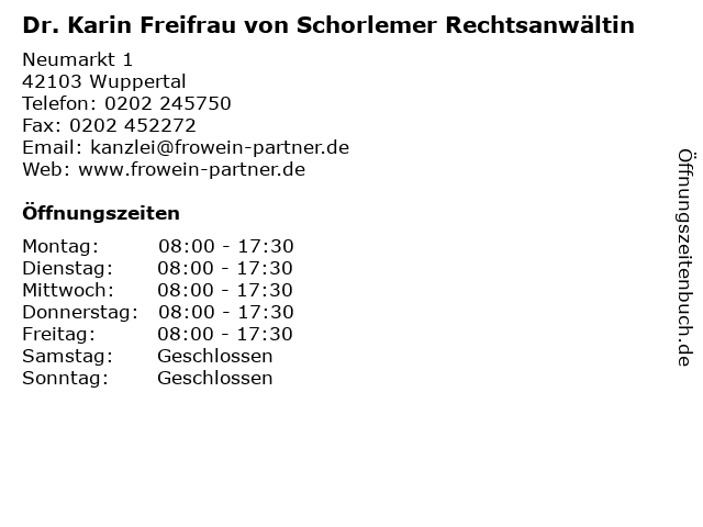 Dr. Karin Freifrau von Schorlemer Rechtsanwältin in Wuppertal: Adresse und Öffnungszeiten