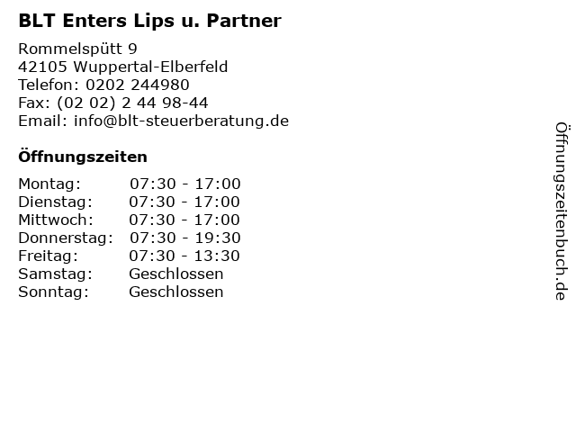 BLT Enters Lips u. Partner in Wuppertal-Elberfeld: Adresse und Öffnungszeiten