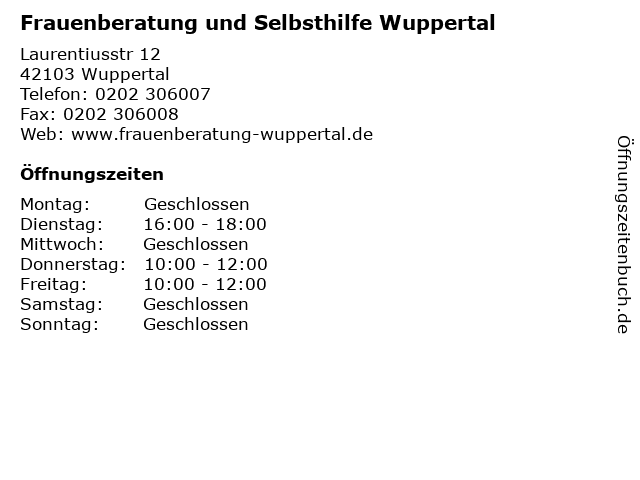 Frauenberatung und Selbsthilfe Wuppertal in Wuppertal: Adresse und Öffnungszeiten