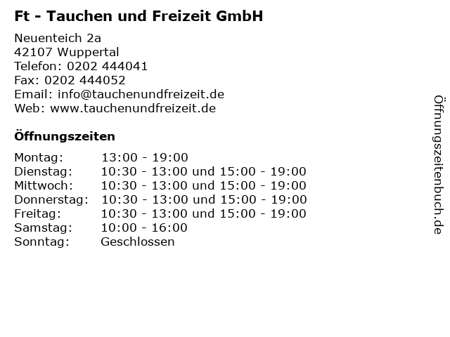 Ft - Tauchen und Freizeit GmbH in Wuppertal: Adresse und Öffnungszeiten