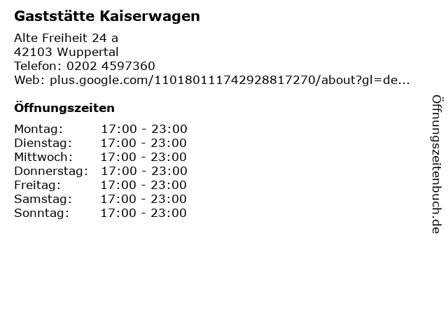 Gaststätte Kaiserwagen in Wuppertal: Adresse und Öffnungszeiten