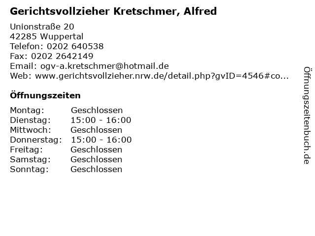 Gerichtsvollzieher Kretschmer, Alfred in Wuppertal: Adresse und Öffnungszeiten