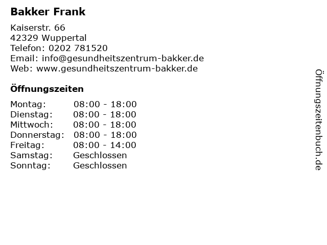 Gesundheitszentrum Bakker in Wuppertal: Adresse und Öffnungszeiten