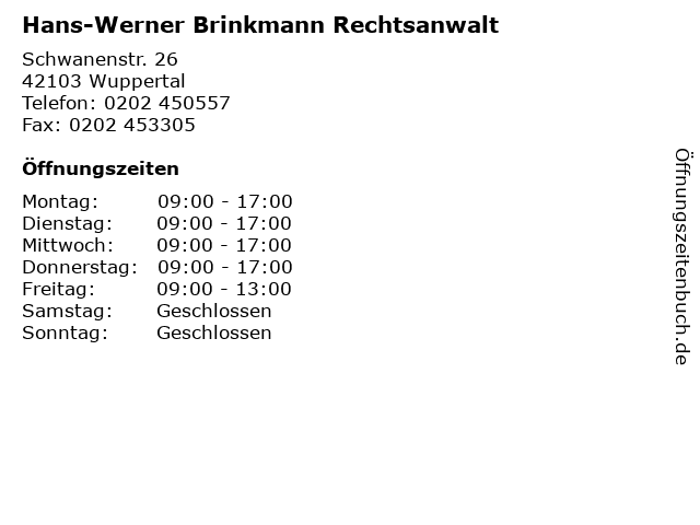 Hans-Werner Brinkmann Rechtsanwalt in Wuppertal: Adresse und Öffnungszeiten