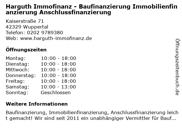 Harguth Immofinanz in Wuppertal: Adresse und Öffnungszeiten