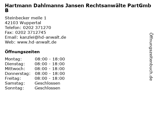 Hartmann Dahlmanns Jansen Rechtsanwälte PartGmbB in Wuppertal: Adresse und Öffnungszeiten