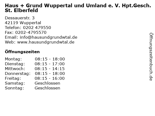 Haus + Grund Wuppertal und Umland e. V. Hpt.Gesch.St. Elberfeld in Wuppertal: Adresse und Öffnungszeiten