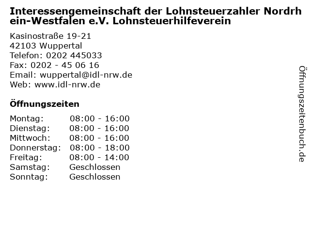 Interessengemeinschaft der Lohnsteuerzahler Nordrhein-Westfalen e.V. Lohnsteuerhilfeverein in Wuppertal: Adresse und Öffnungszeiten