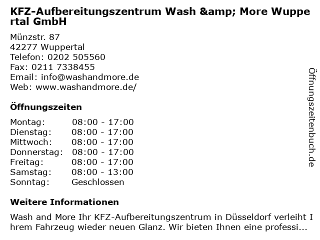 KFZ-Aufbereitungszentrum Wash & More Wuppertal GmbH in Wuppertal: Adresse und Öffnungszeiten