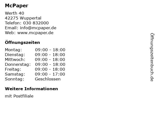 McPaper in Wuppertal: Adresse und Öffnungszeiten