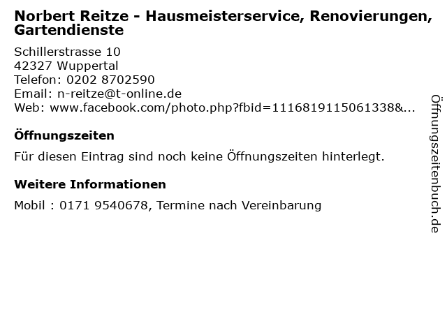 Norbert Reitze - Hausmeisterservice, Renovierungen, Gartendienste in Wuppertal: Adresse und Öffnungszeiten