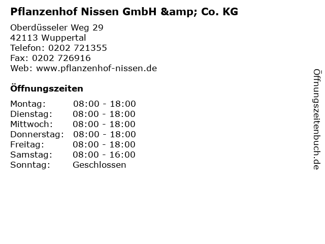 Pflanzenhof Nissen GmbH & Co. KG in Wuppertal: Adresse und Öffnungszeiten